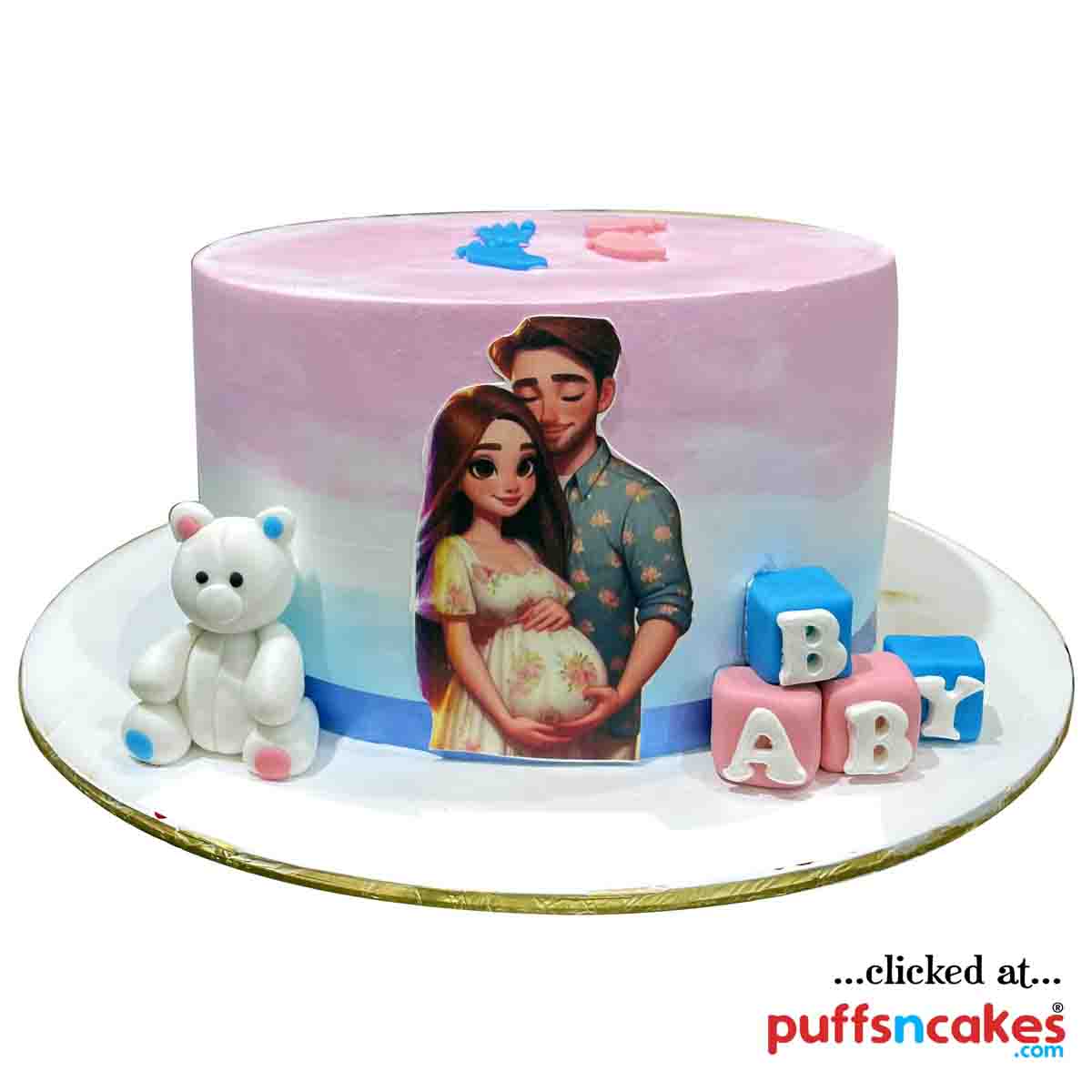 (2129) Welcome Baby Shower Pregnant Couple Theme Semi Fondant Cake